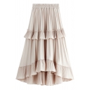 Glamorous Ladies' Elastic Waist Tiered Ruffle Trim Plain Long Pleated A-Line Skirt