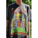 Men's Cool Letter Skull Graffiti Pattern Short Sleeves Round Neck Loose Fit Graphic T-Shirt