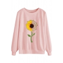 Casual Fashion Women's Long Sleeve Crew Neck Sunflower Patterned Baggy Pullover Sweatshirt