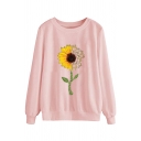 Casual Fashion Women's Long Sleeve Crew Neck Sunflower Patterned Baggy Pullover Sweatshirt