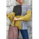 Casual Street Women's Long Sleeve Boat Neck Contrasted Patched Knit Relaxed Fit Pullover Sweater in Yellow