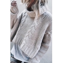 Stylish Girls' Long Sleeve Turtle Cowl Neck Chunky Twist Knitted Baggy Plain Crop Pullover Sweater