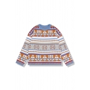 Female Fancy Ethnic Long Sleeve Crew Neck Geo Printed Purl-Knit Baggy Pullover Sweater in Blue