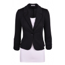 Basic Plain Long Sleeve Notch Collar Button Front Slim Fit Blazer for Women