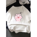 Chic Street Short Sleeve Crew Neck Pig Print Relaxed Fit T Shirt for Women