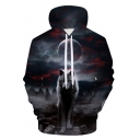 Black Wolf and Moon 3D Pattern Long Sleeves Loose Relaxed Drawstring Hoodie