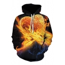 Orange Flame Heart 3D Pattern Long Sleeve Casual Drawstring Hoodie