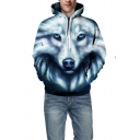 Unisex Stylish Wolf Face 3D Printed Long Sleeve Blue Drawstring Hoodie