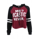 Fancy Letter ME SARCASTIC NEVER Print Striped Long Sleeve Cropped Drawstring Hoodie