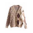 Khaki Designer Leopard Panel Long Sleeve V-Neck Oversized Argyle Cardigan Coat
