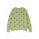 Cartoon Flower Print Long Sleeve Round Neck Loose Fit Pointelle-Trimmed Sweater