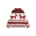 Fancy Long Sleeve Crew Neck Reindeer Floral Pattern Purl-Knit Boxy Pullover Christmas Sweater for Women