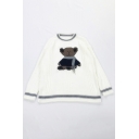Girls Lovely Bear with Scarf Print Stripe Trim Long Sleeve Crewneck Loose Knit Sweater