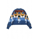 Lovely Girl and Rabbit Printed Long Sleeve Round Neck Loose Fit Blue Cartoon Sweater
