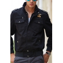 rendy Plain Embroidery Logo Print Epaulets Long Sleeve Zip Up Cotton Military Jacket