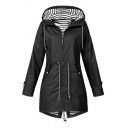 Plain Casual Long Sleeve Hooded Zipper Front Drawstring Flap Pockets Stripe Lined Relaxed Long Trench Coat for Women