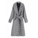 Elegant Ladies' Long Sleeve Notch Collar Bow Tie Waist Button Detail Houndstooth Printed Relaxed Fit Long Trench Coat in White
