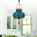 Blue Lantern Suspension Lighting Moroccan Textured Glass 1 Light Restaurant Hanging Pendant Light