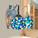 Spherical Sconce 2 Lights Cut Glass Tiffany Style Vanity Wall Light Fixture in Red/Blue/Yellow for Bathroom