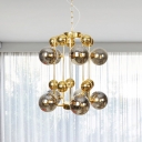 Contemporary Globe Chandelier Lamp Amber/Smoke Glass 10 Heads Bedroom Ceiling Hanging Light