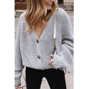 Trendy Elegant Ladies' Balloon Sleeve Deep V-Neck Button Front Hollow Knit Relaxed Fit Plain Crop Cardigan