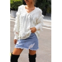 Trendy Street Girls' Long Sleeve V-Neck Sheer Lace Patched Semi-Sheer Tassel Loose Fit Knit Sweater in White