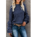 Ladies' Fancy Chic Long Sleeve Boat Neck Ruffled Trim Tiered Relaxed Fit Plain Sweater-Knit Top