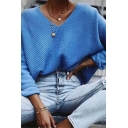 Elegant Plain Dolman Sleeve V-Neck Boxy Chunky Knit Pullover Sweater Top for Ladies