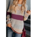 Female Basic Cozy Long Sleeve Boat-Neck Contrasted Purl-Knitted Loose Fit Pullover Sweater in Pink
