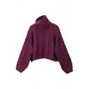 Classic Thickened Balloon Sleeve Turtleneck Cable Knit Boxy Plain Fisherman Sweater for Women