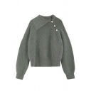 Fashion Green Long Sleeve Exaggerate Collar Button Detail Fuzzy Knit Relaxed Pullover Sweater Top for Women