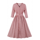 Gorgeous Ladies' Three-Quarter Sleeve V-Neck Button Down Polka Dot Print Pleated Midi Flared A-Line Dress in Pink