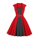 Party Girls' Red Short Sleeve Square Neck Double Breasted Polka Dot Print Patched Buckle Belted Midi Pleated Flared Dress