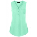 Fashion Casual Women's Sleeveless V-Neck Button Front Relaxed Fit Plain Tank Top