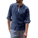 Men's Simple Whole Colored Long Sleeves Relaxed Fit Button Up Linen Shirt Top
