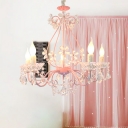 3/5 Bulbs Candle Pendant Lamp Traditionalism Pink Crystal Chandelier Light Fixture for Bedroom