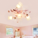 Traditional Flower Ceiling Mount Light Fixture 4/7 Bulbs Opal Glass Semi Flush Chandelier in Pink with Butterfly Accent