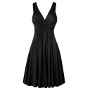 Dressy Boutique Sleeveless Deep V-Neck Twist Front Mid Plain Pleated A-Line Dress for Ladies