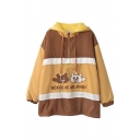 Cute Girls' Long Sleeve Hooded Drawstring Half Zip Puppy Printed BECAVSE WE ARE AFAMILY Letter Contrasted Sherpa Lined Midi Oversize Coat in Khaki