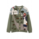 Cute Fashion Long Sleeve Crew Neck Button Down Cartoon Girl Printed Purl Knit Relaxed Cardigan for Women