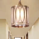 1 Bulb Sandblasted Glass Pendulum Light Traditional Brass Oval/Circle Corridor Suspension Pendant