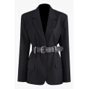 Cool Black Long Sleeve Notch Lapel Collar Button Front Buckle Belted Slim Fit Blazer for Women