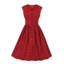 Amazing Casual Sleeveless V-Neck Polka Dot Print Button Down Midi Pleated Flared A-Line Dress for Girls
