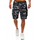 Black Camouflage Pattern Side Flap Pocket Drawstring Waist Straight Fit Cargo Shorts