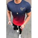 Creative Logo Print Short Sleeve Round Neck Ombre Color Summer T-Shirt for Men