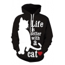 LIFE IS BETTER WITH A CAT Letter 3D Printed Long Sleeve Black Graphic Hoodie