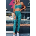 New Fashion Solid Color Leopard Print Cropped Cami Tank & Skinny Pants Two Piece Sports Set