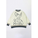 Simple Cartoon Boy and Bear Print Long Sleeve Round Neck Loose Knitted Sweater