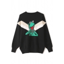 Fancy Cartoon Frog Chevron Striped Pattern Long Sleeve Round Neck Loose Knitted Sweater