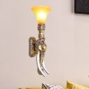 Gold 1 Light Sconce Lamp Country Stylish Resin Elephant Design Wall Light with Bell Amber Glass Shade